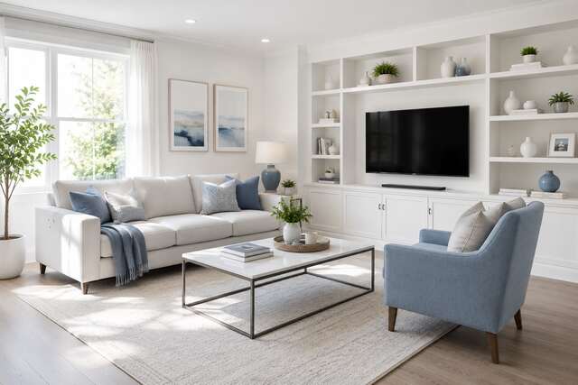 Spotless, professionally cleaned living room interior